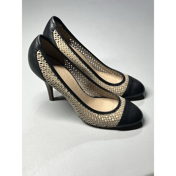 J Crew Leather Heels Womens 10 Perforated Cut Out Beige Black Stiletto Cap Toe - Picture 2 of 12